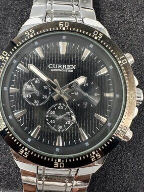 Curren Chronometer Mens Watch Silver Tone Black Dial New Battery 7.25"